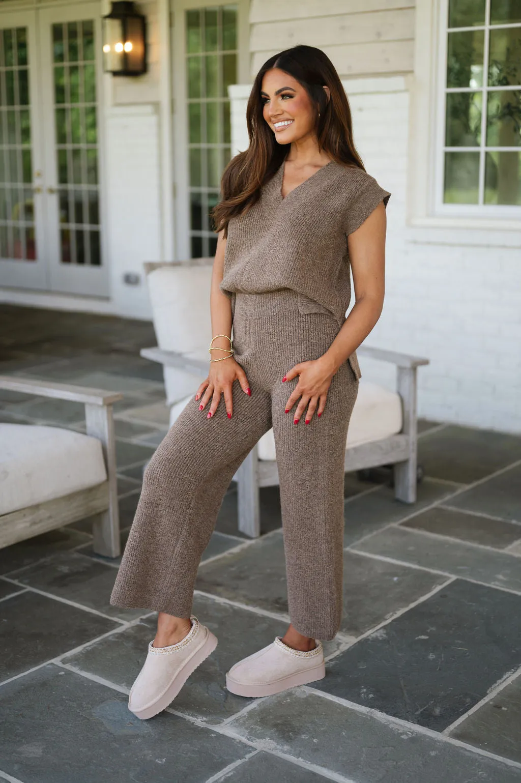 Cozy Knit Cropped Pants Set-Brown