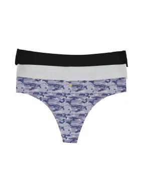 dELiA's Women’s Printed/Solid Laser Cut Thong G-String Underwear Panty Pack, Soft, Comfortable, Stretch, Seamless Panties Blue Camo Combo