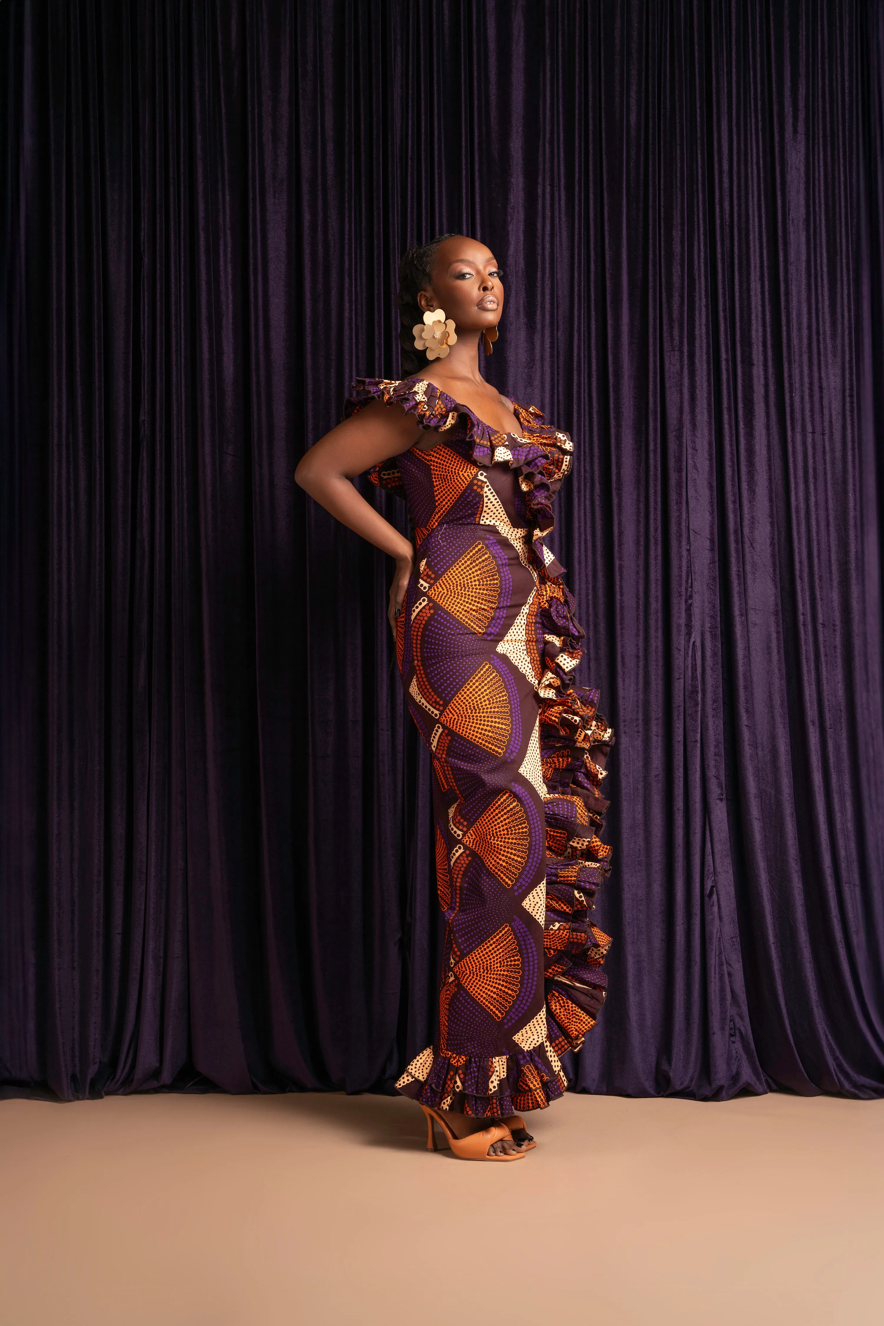 DORA Off shoulder Ruffle African Print Maxi Dress