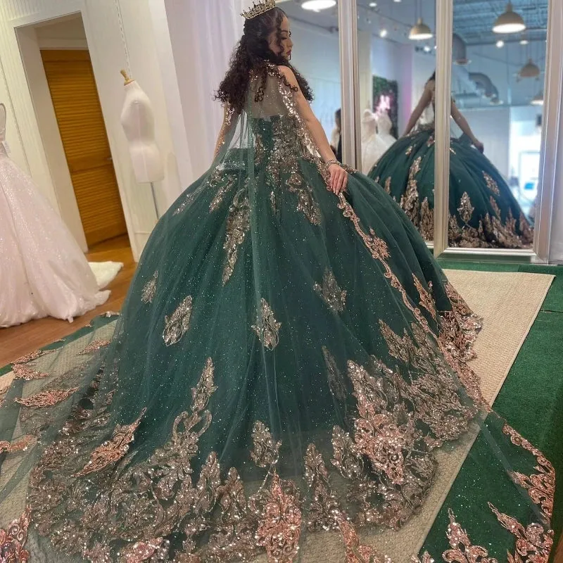 Emerald Green Quinceañera Dress with Gold Appliques & Cape