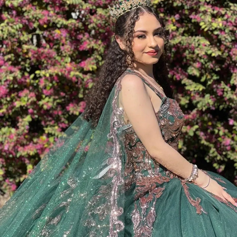 Emerald Green Quinceañera Dress with Gold Appliques & Cape