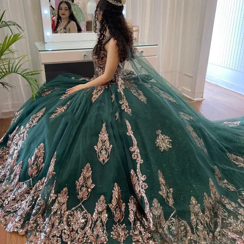 Emerald Green Quinceañera Dress with Gold Appliques & Cape