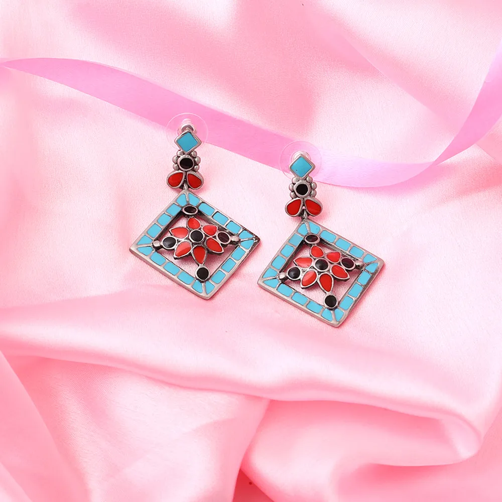 Estele - Oxidised Silver Tone Plated fancy Multicolor geometric pattern hanging earring