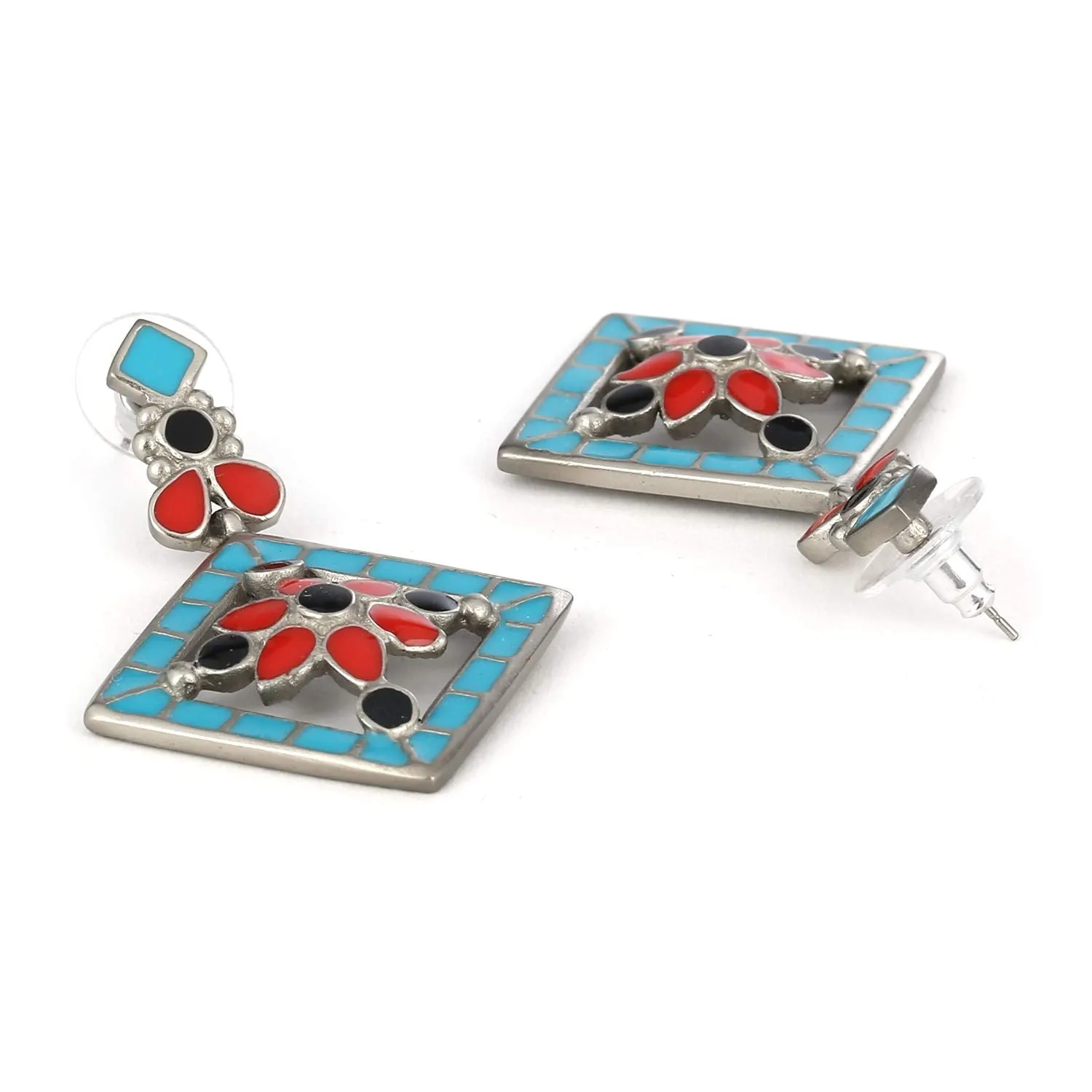 Estele - Oxidised Silver Tone Plated fancy Multicolor geometric pattern hanging earring