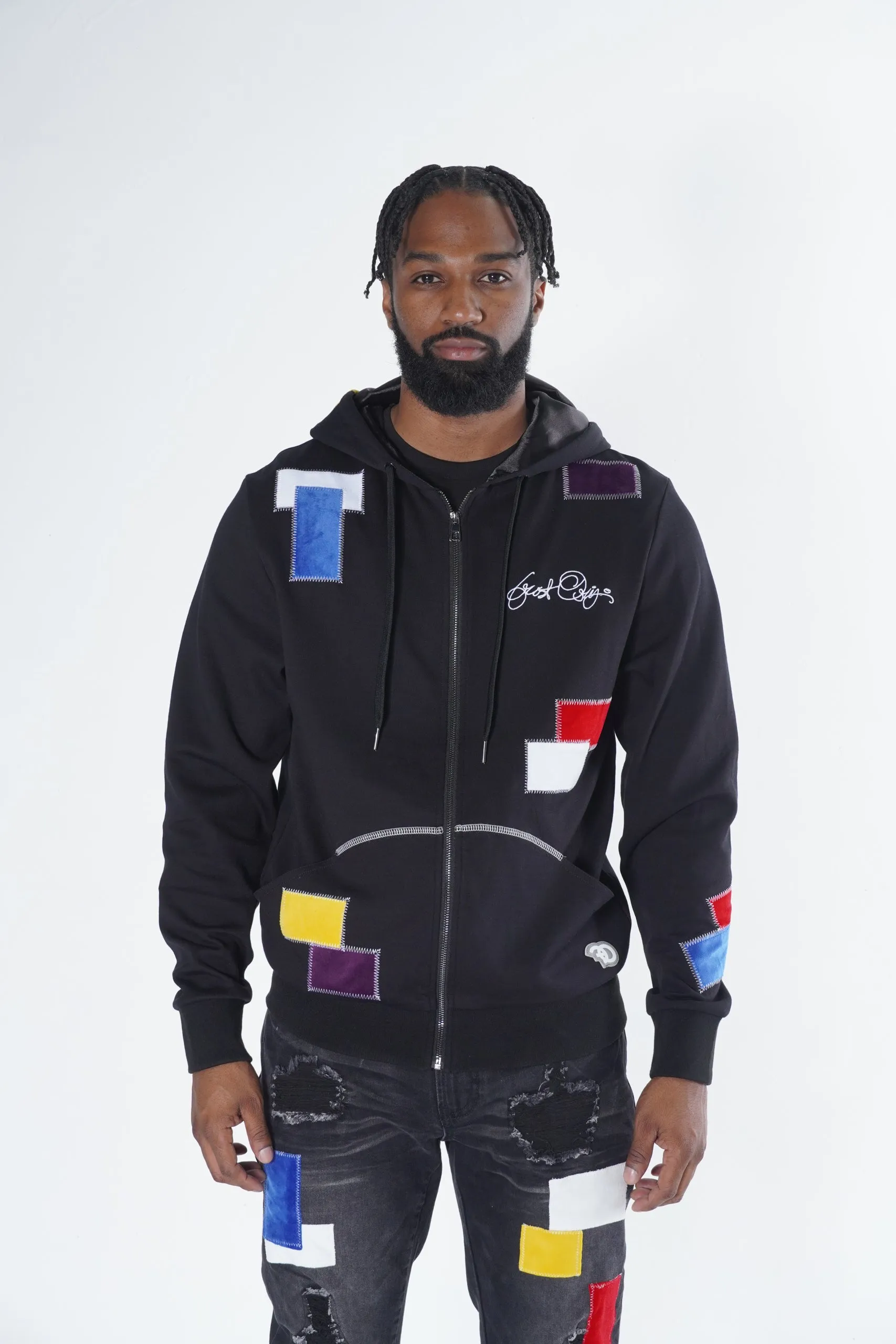 F5715 Frost Patchwork Zip Up Hoodie -  Black