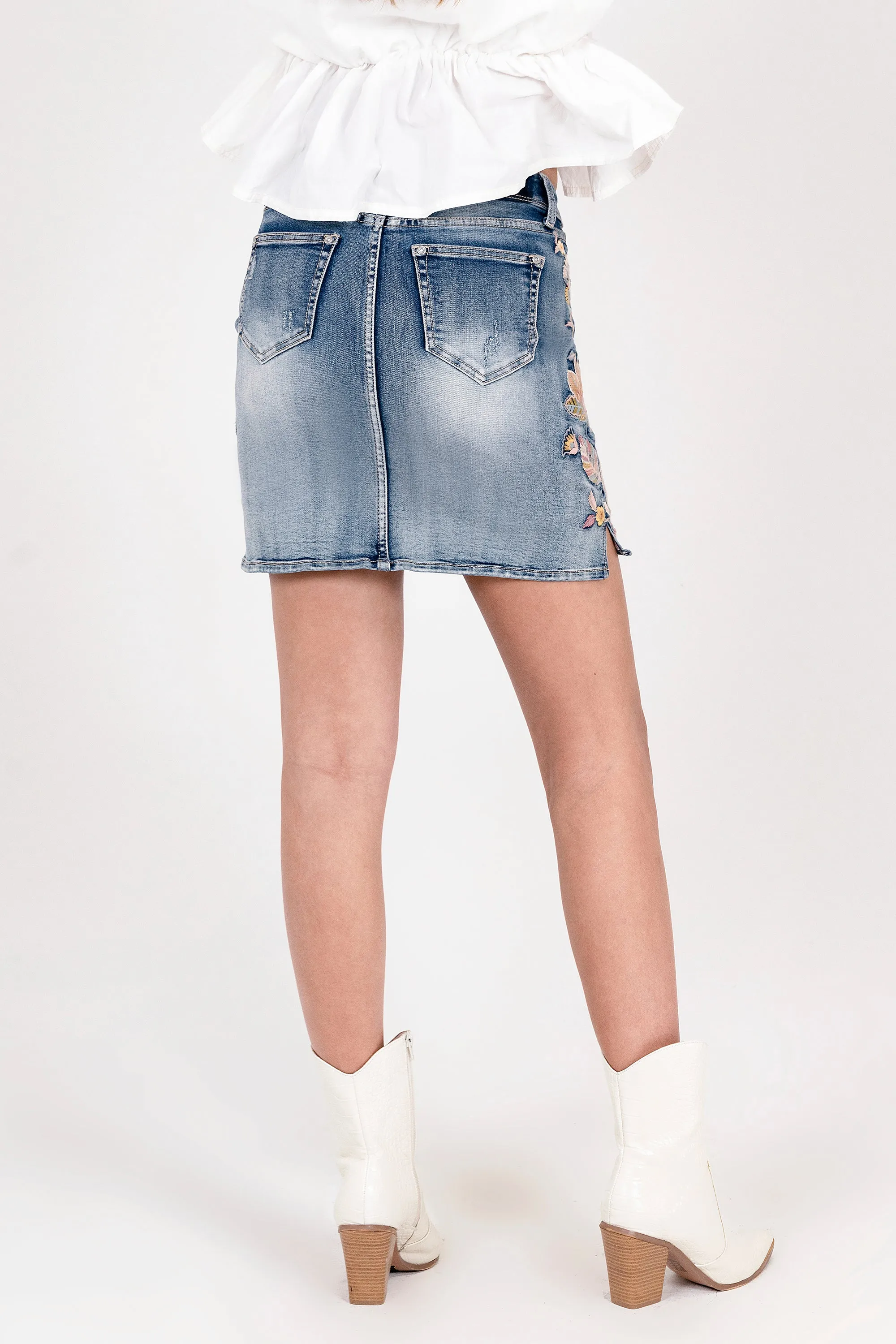 Feather Colorful Embroidered Denim Skirt