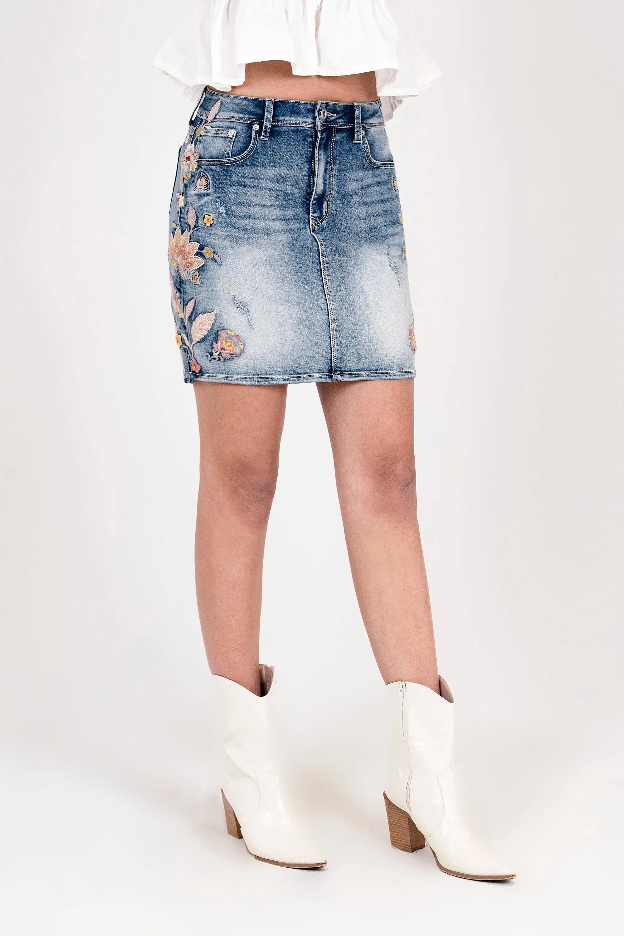 Feather Colorful Embroidered Denim Skirt