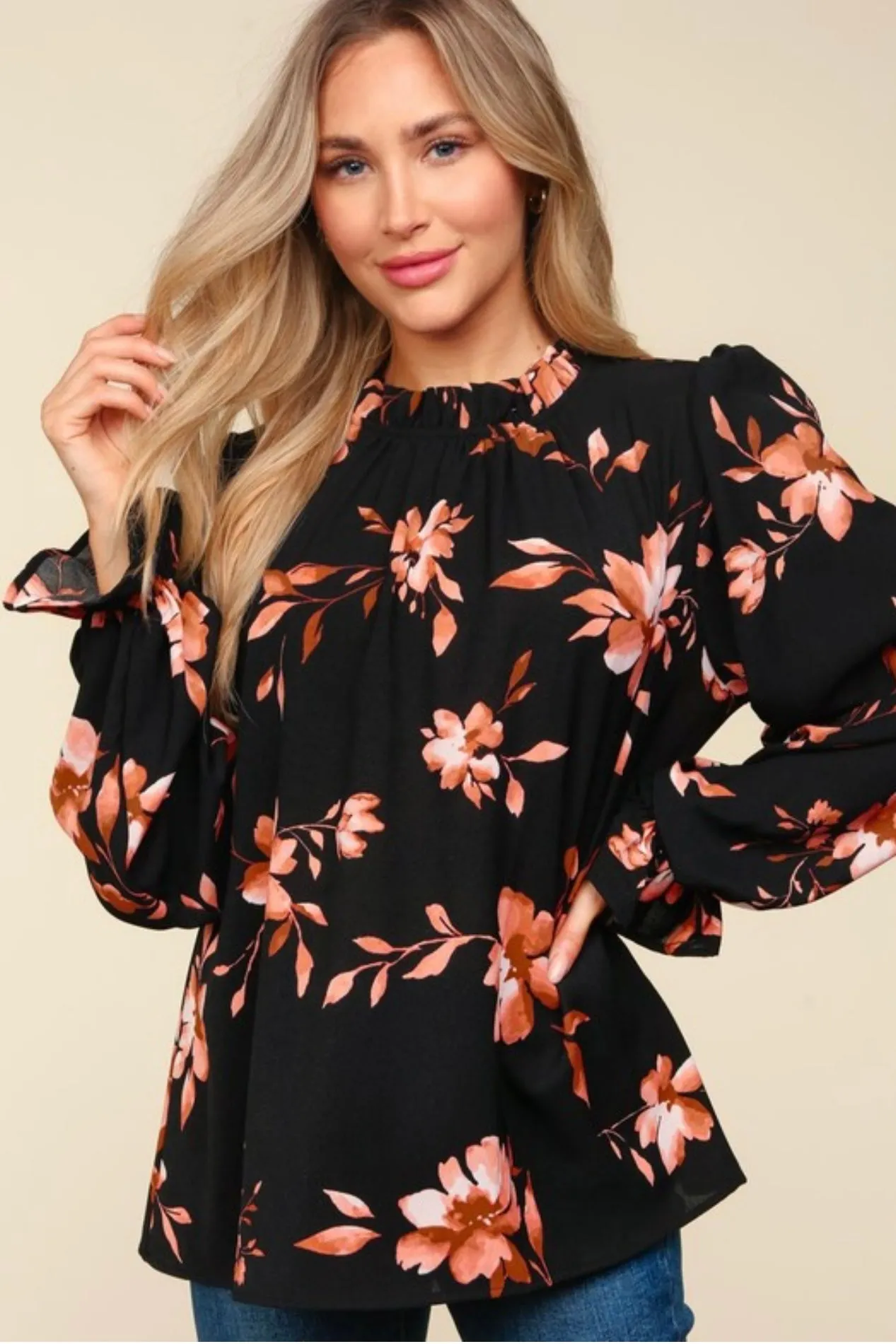 Floral Frill Mock Neck Blouse