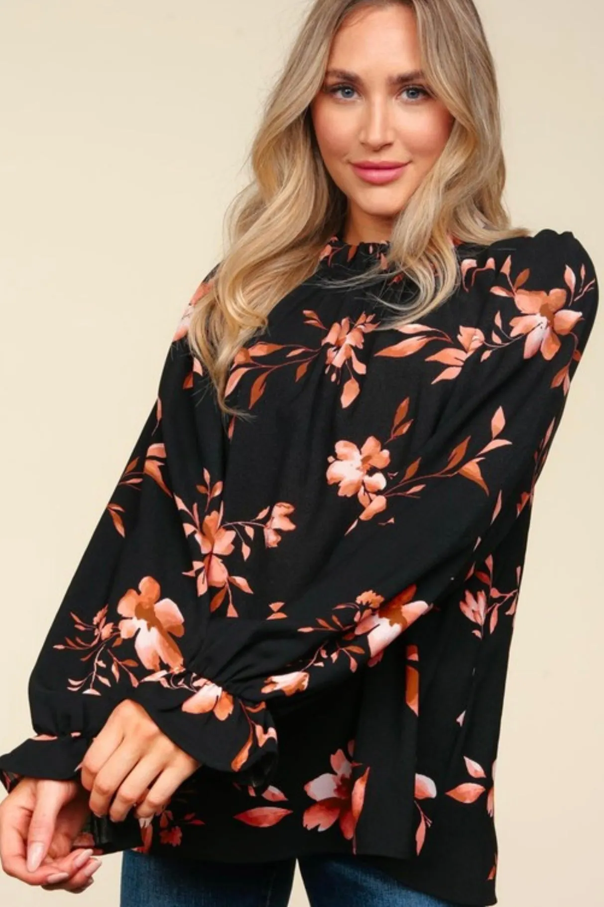 Floral Frill Mock Neck Blouse