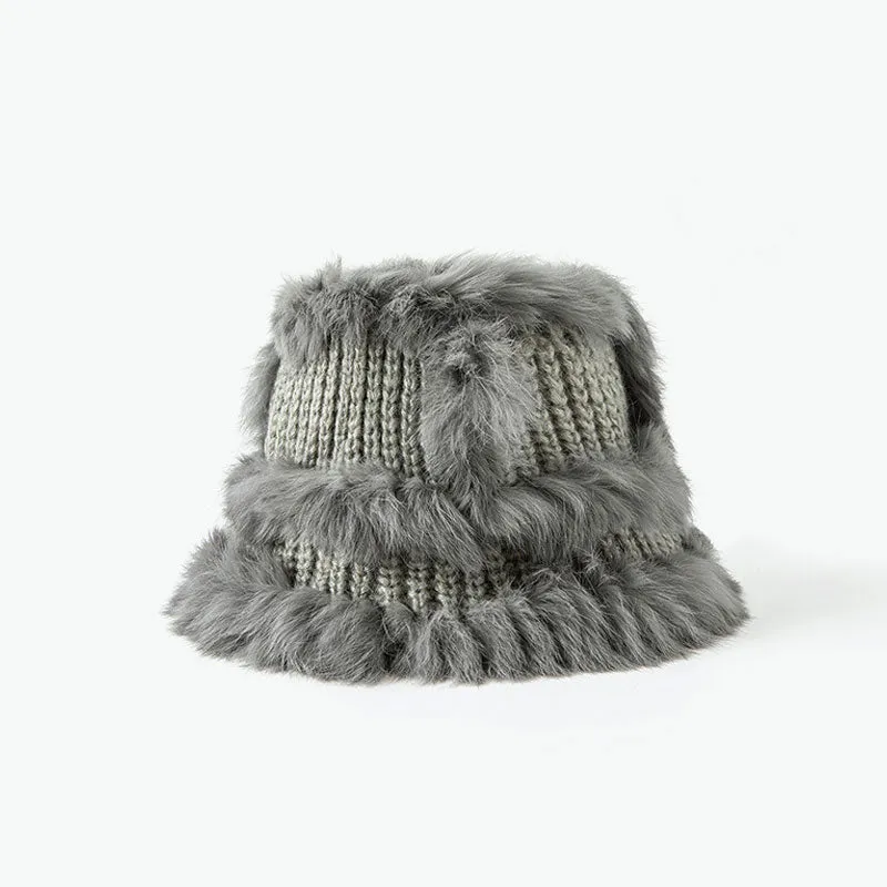 Fluffy Faux Fur Trim Handmade Crochet Cable Knit Bucket Hat