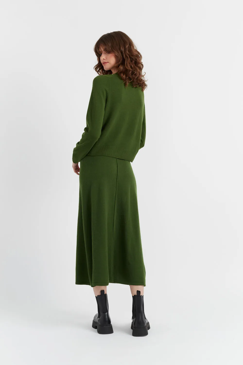 Green Wool-Cashmere Crew Neck Cardigan