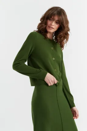 Green Wool-Cashmere Crew Neck Cardigan