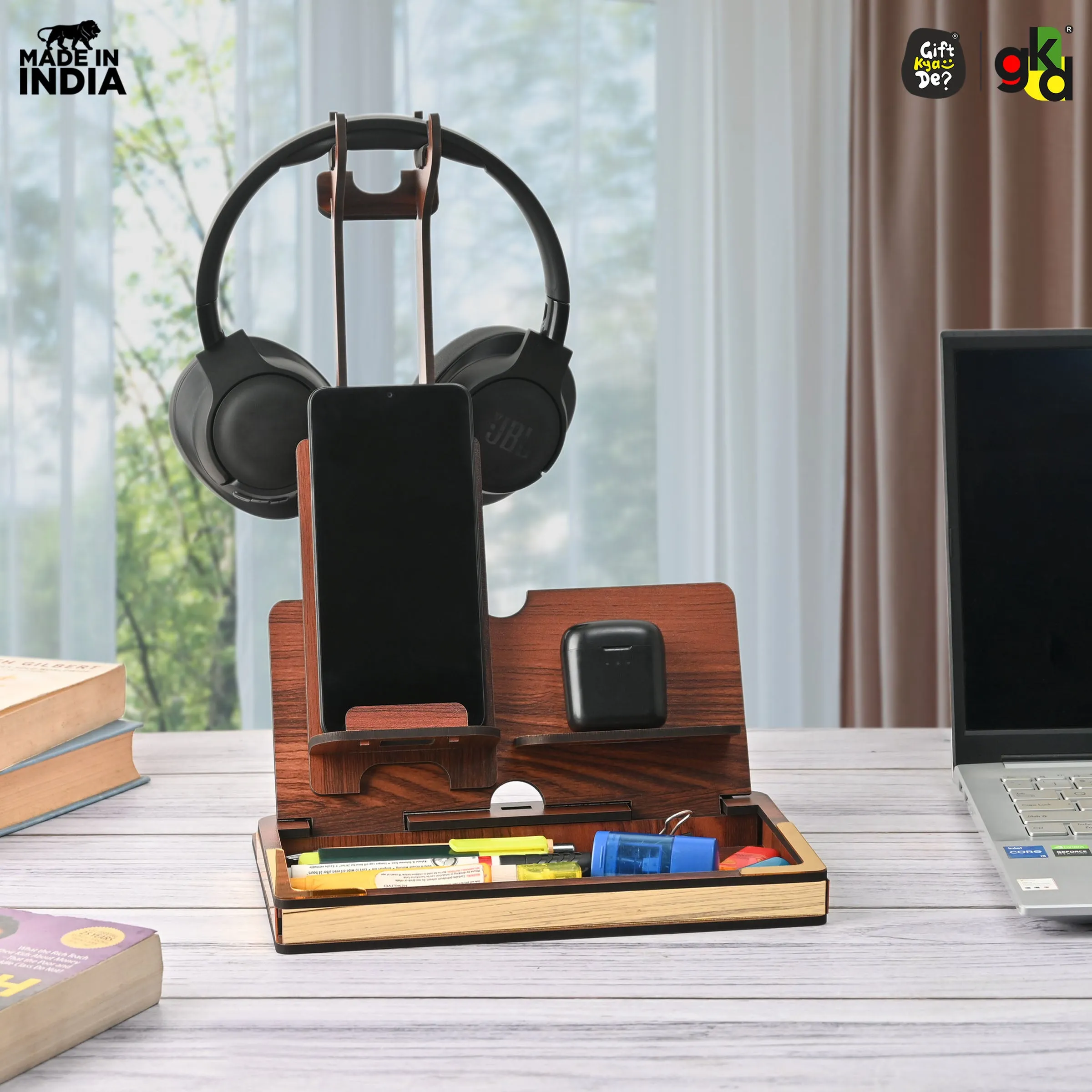 Headphone Holder for Gamers Music Lovers, Portable Desk Organizer with Mobile Phone Stand Compatible with All Headphones Size