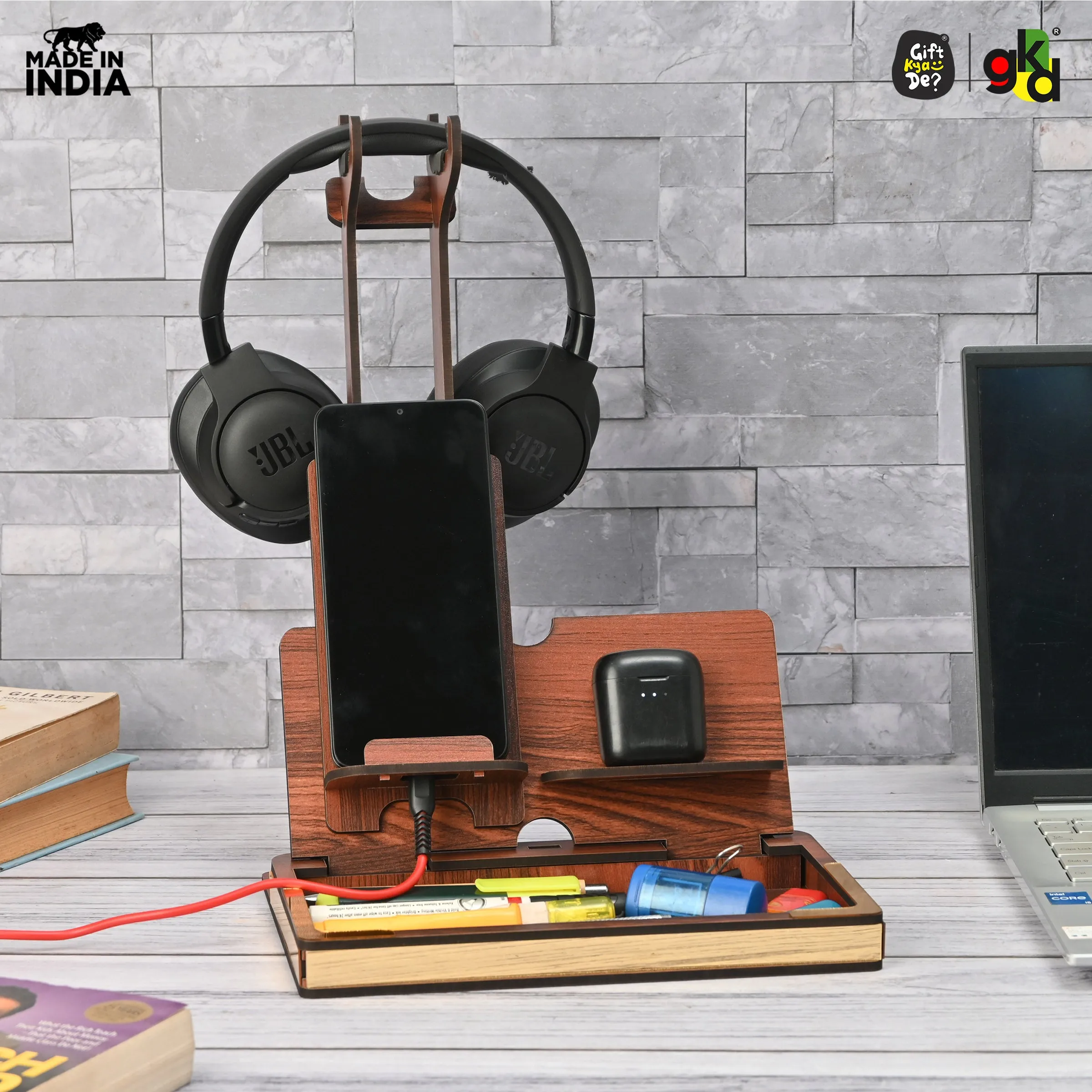 Headphone Holder for Gamers Music Lovers, Portable Desk Organizer with Mobile Phone Stand Compatible with All Headphones Size