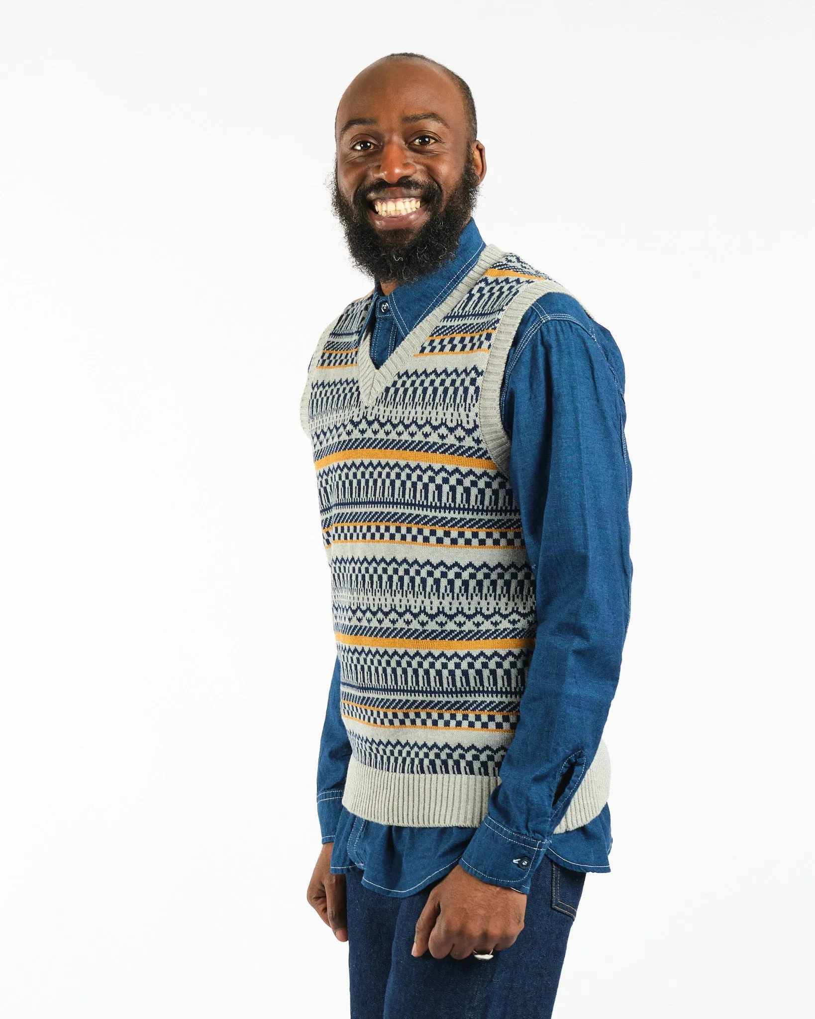 Indigo Knit Vest Fair isle Pattern Grey