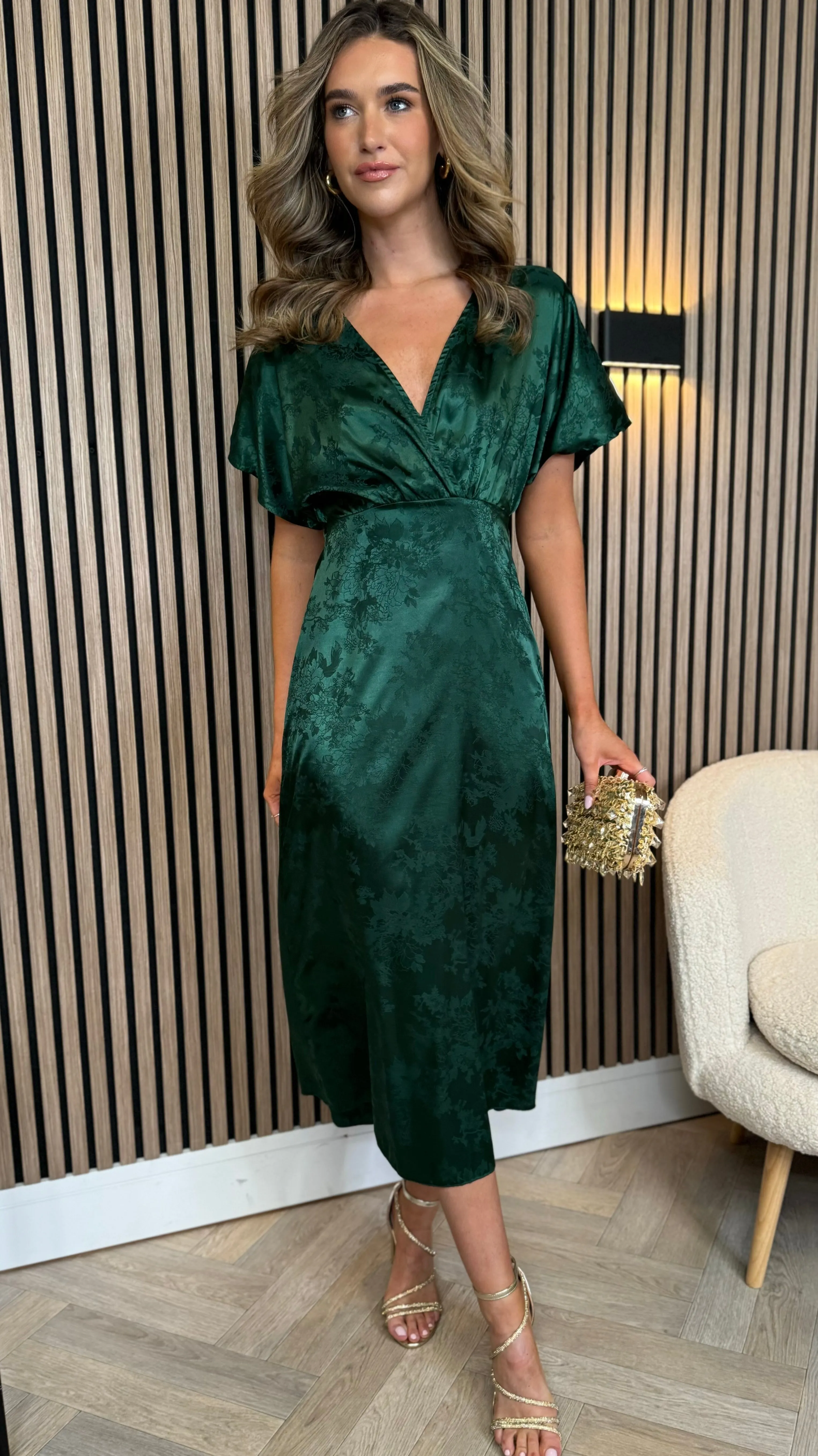 Inez Forest Green Printed Satin Finish Midi Dress