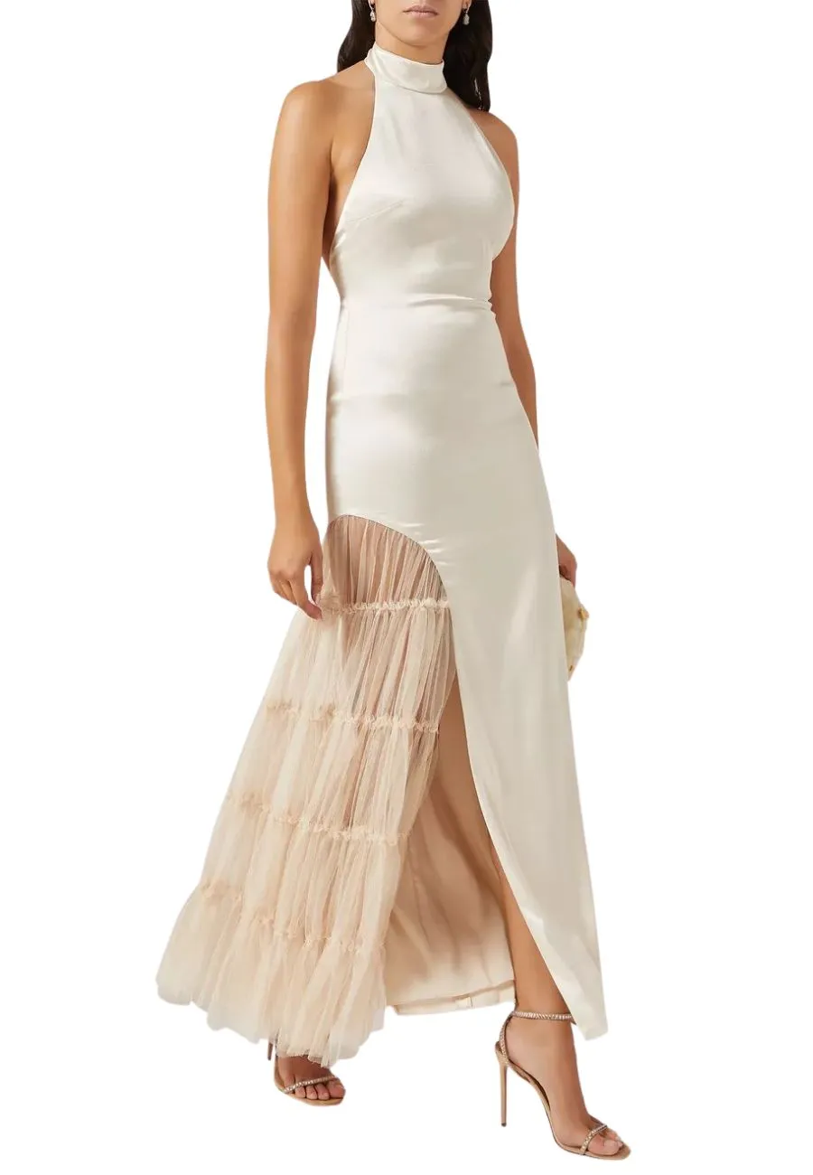 Ivory Ryan Satin and Tulle Backless Maxi Dress