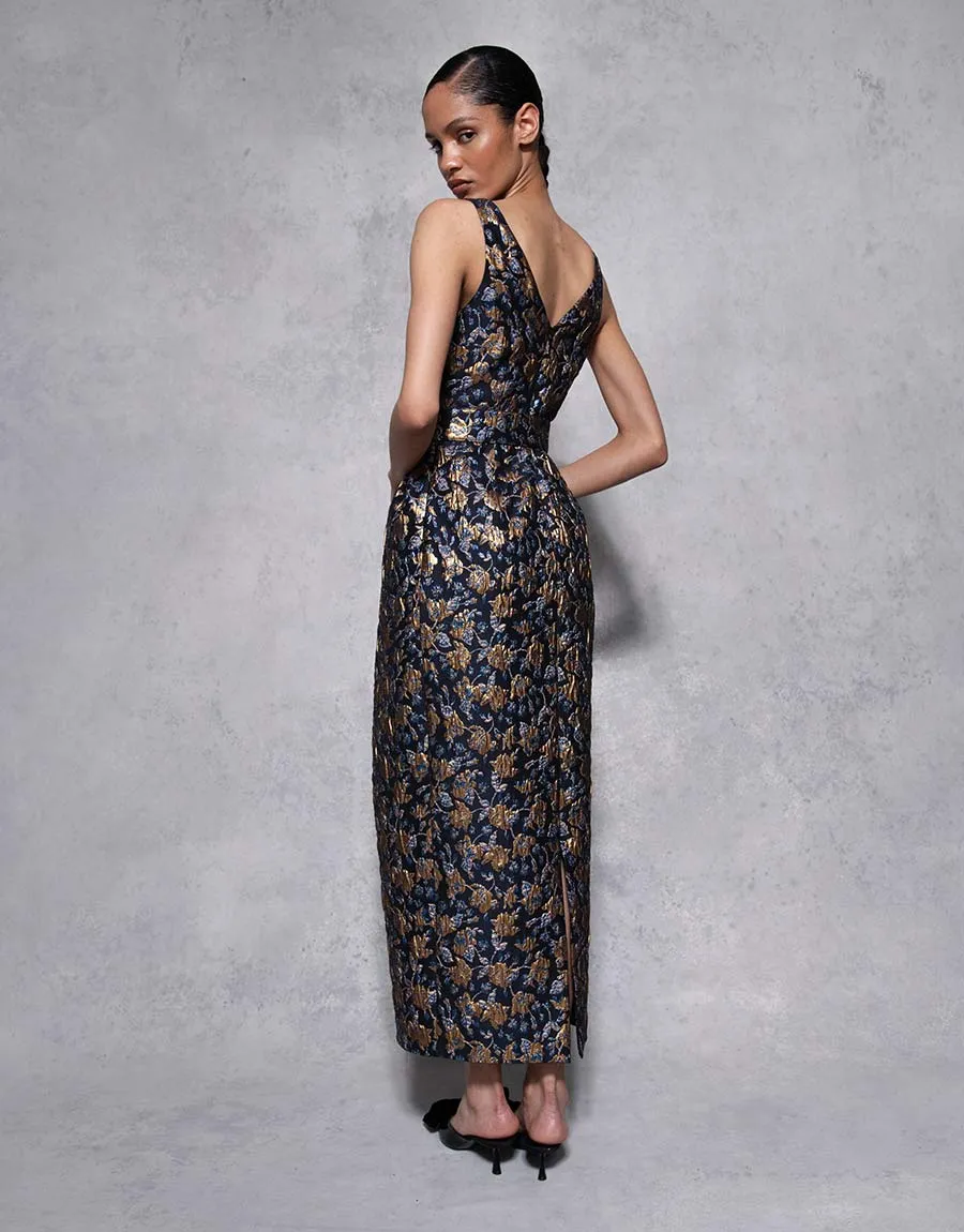 Jules Floral Jacquard Midi Dress - Navy/Gold