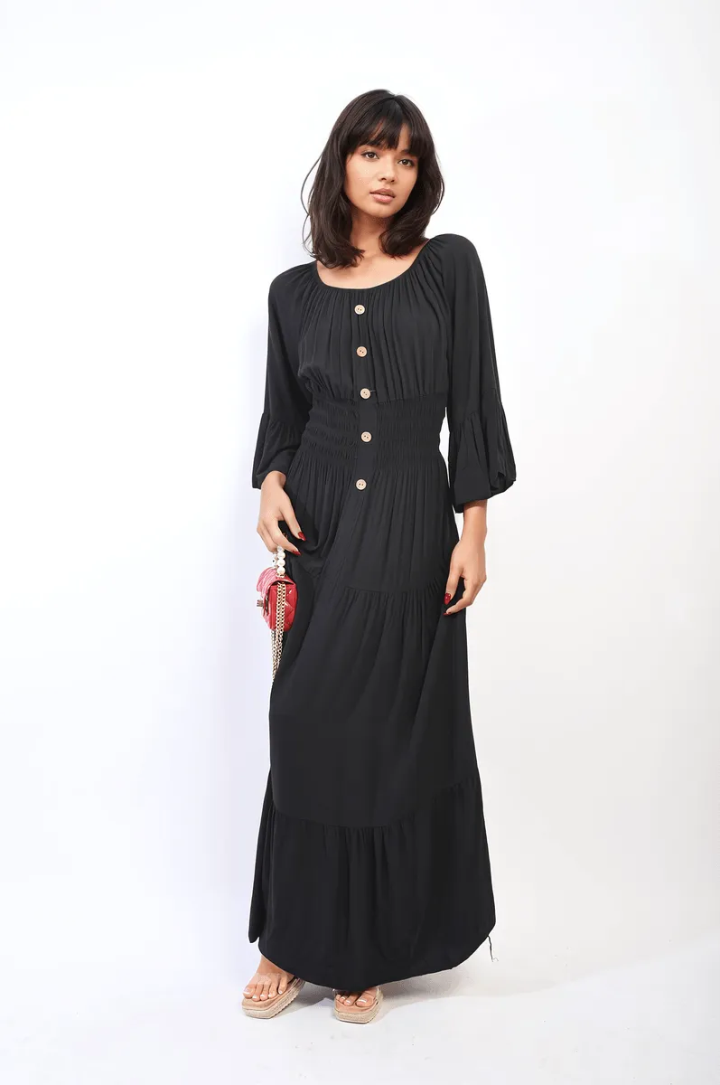 Leah Dress, Ruffle Hem Sleeve Shirred Waist Tiered Maxi Bohemian Dress