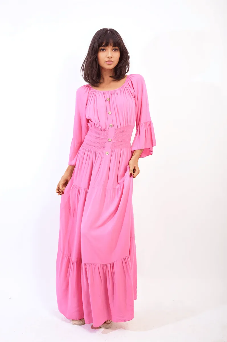 Leah Dress, Ruffle Hem Sleeve Shirred Waist Tiered Maxi Bohemian Dress