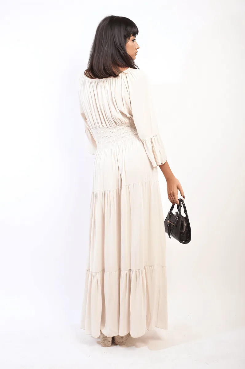 Leah Dress, Ruffle Hem Sleeve Shirred Waist Tiered Maxi Bohemian Dress