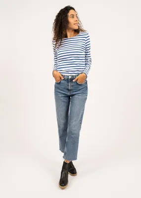 MINQUIDAME - Breton Striped Shirt with Long Sleeve | Soft Cotton | Women Fit (WHITE / ROYAL BLUE)