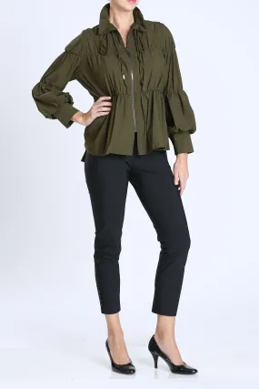 Olive Green Shirred Sleeve Zip-Up Blouson Jacket