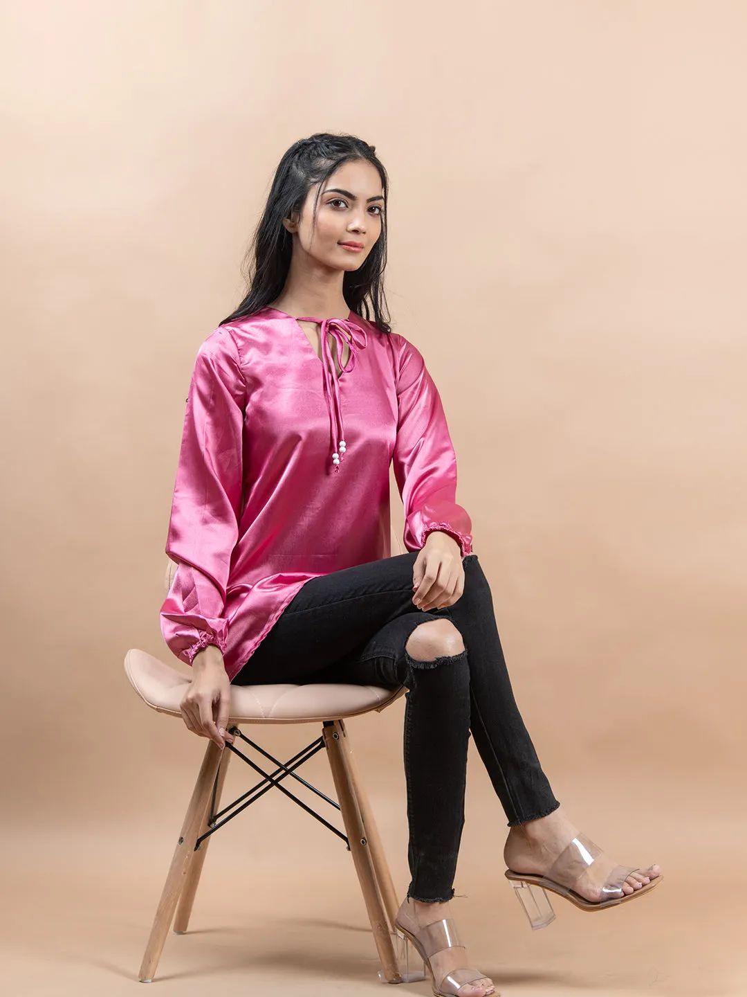 Pink Satin Full Sleeves Top