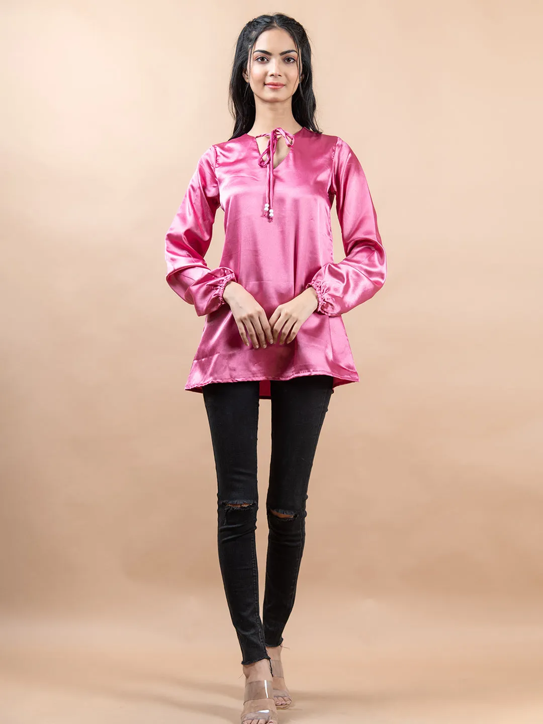 Pink Satin Full Sleeves Top