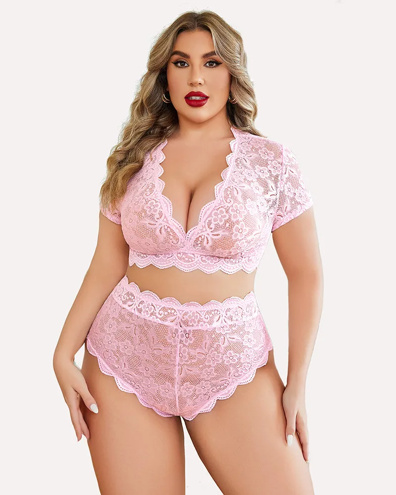 Plus Size Floral Lace Trim Set Deep V Bra Panties Set