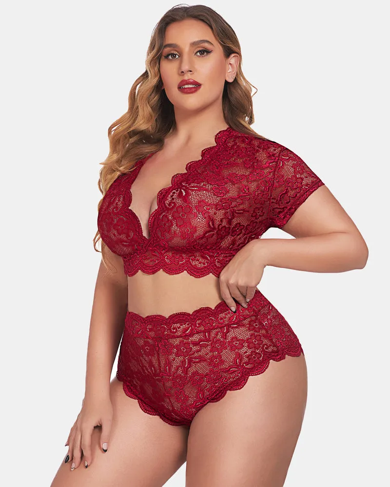 Plus Size Floral Lace Trim Set Deep V Bra Panties Set