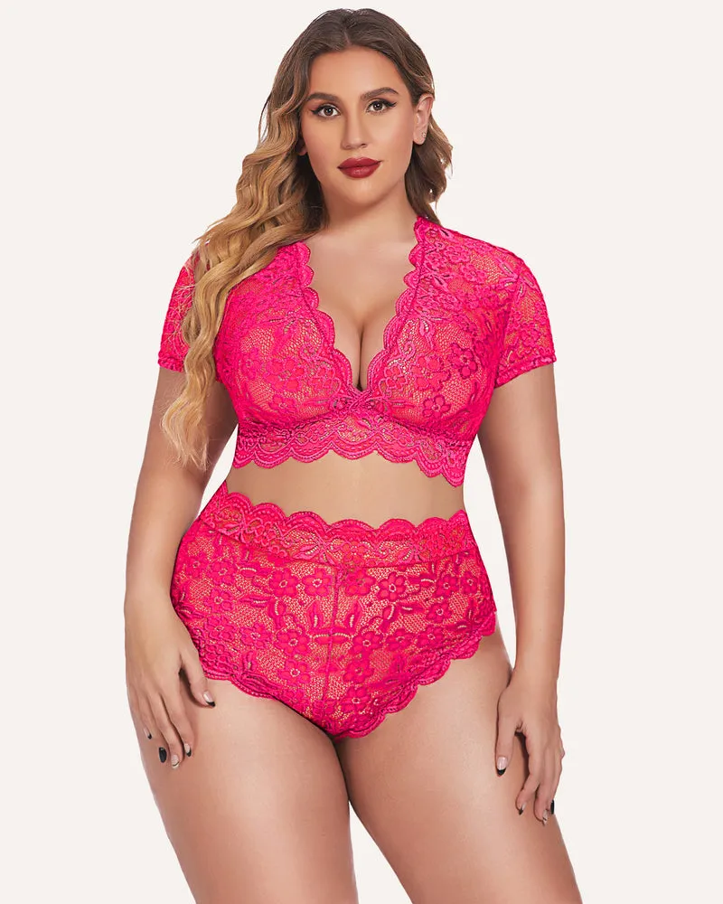 Plus Size Floral Lace Trim Set Deep V Bra Panties Set