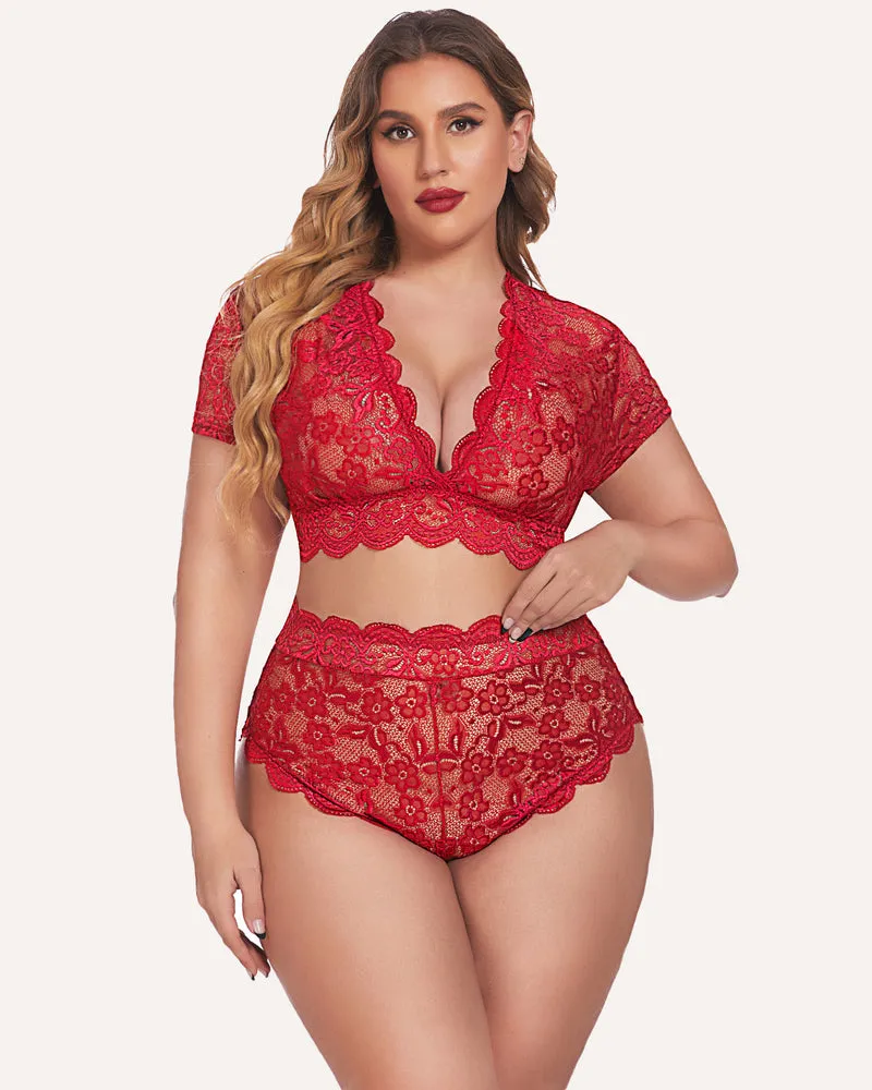 Plus Size Floral Lace Trim Set Deep V Bra Panties Set