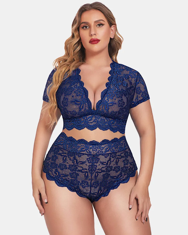 Plus Size Floral Lace Trim Set Deep V Bra Panties Set