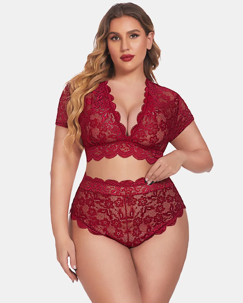 Plus Size Floral Lace Trim Set Deep V Bra Panties Set