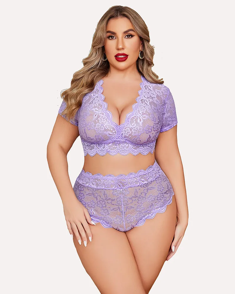 Plus Size Floral Lace Trim Set Deep V Bra Panties Set