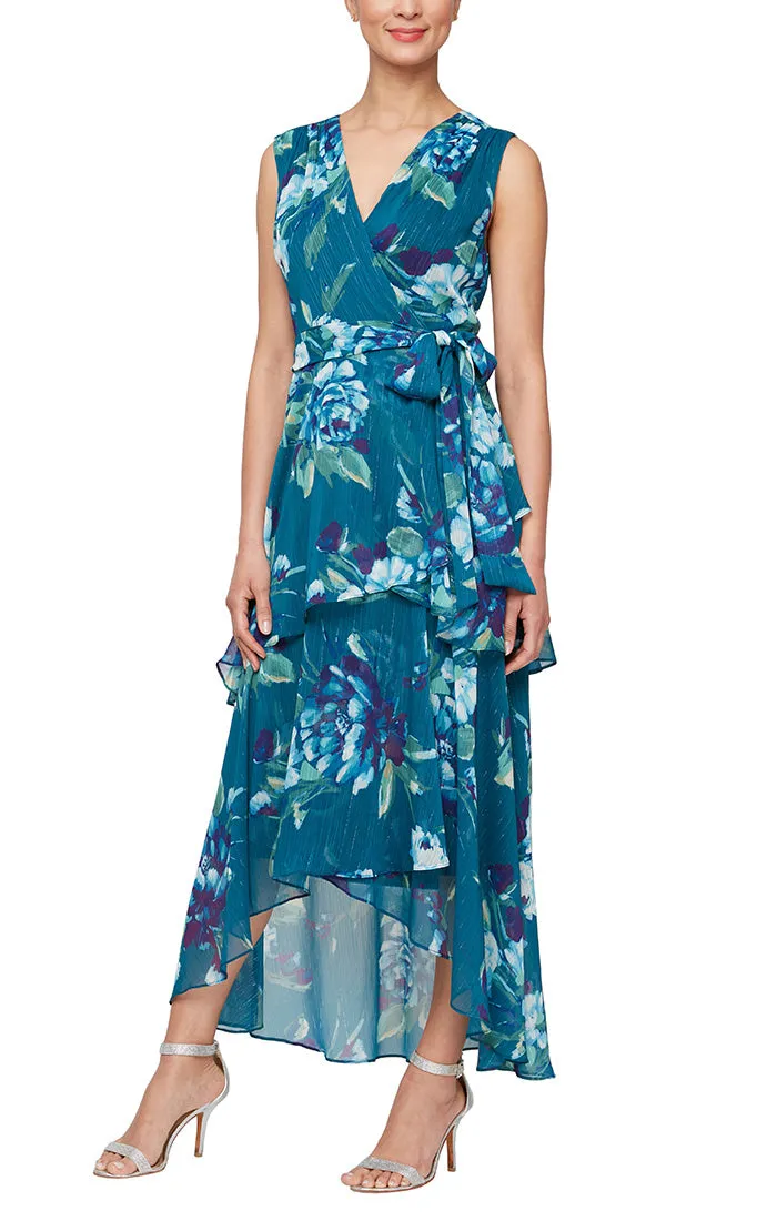 Plus - Sleeveless Maxi with Tie Belt & Asymmetric Tiered Hem