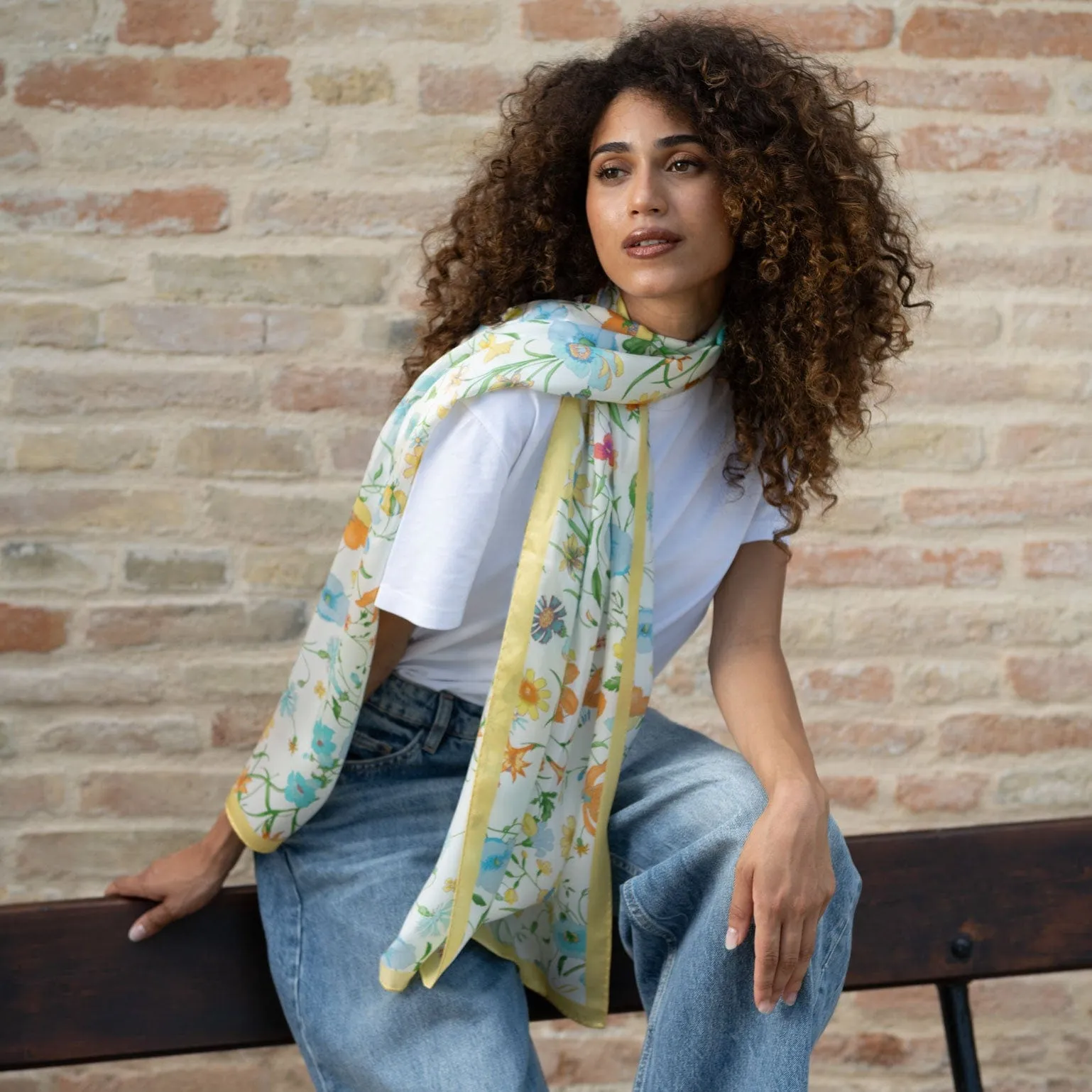 Primavera - Long Satin Silk Scarf - Yellow