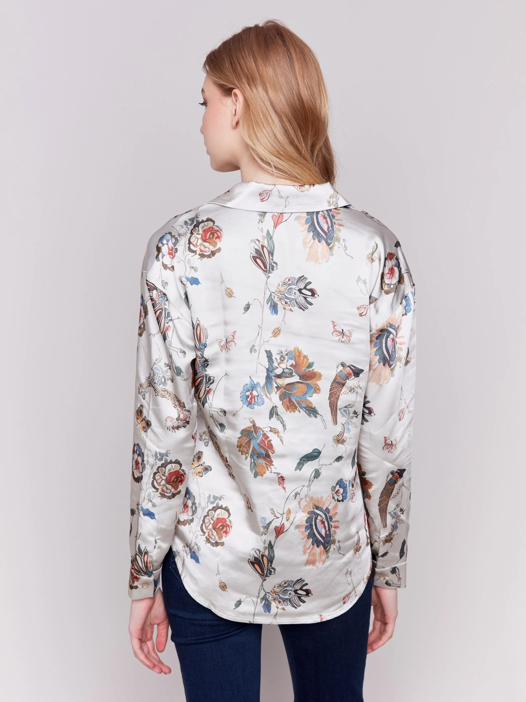 Printed Satin Button-Down Shirt - Cashmere