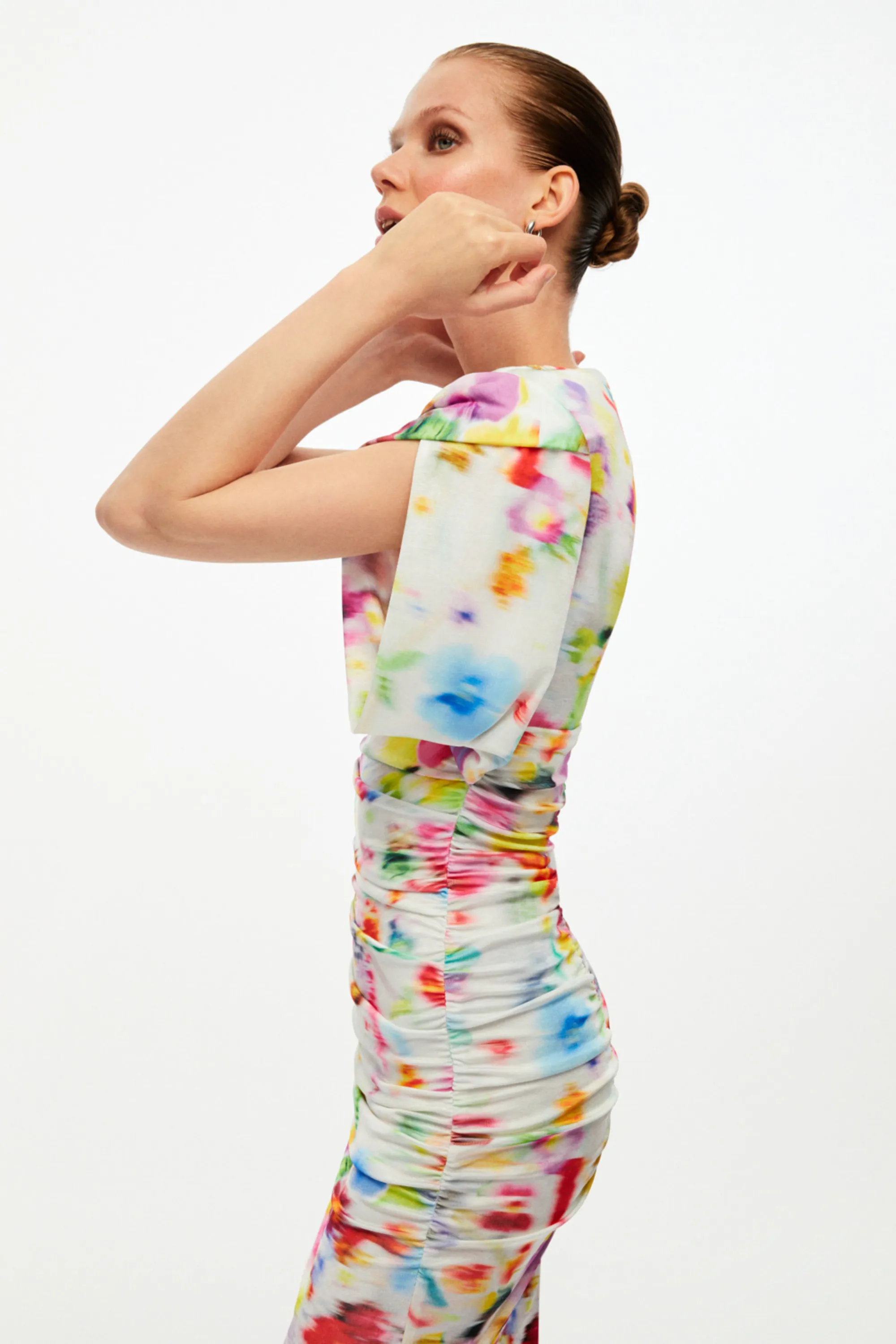 Printed Shoulder Pad Draped Dress