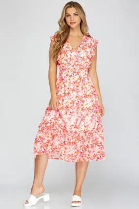 PRINTED WOVEN MIDI DRESS | FLORAL PINK