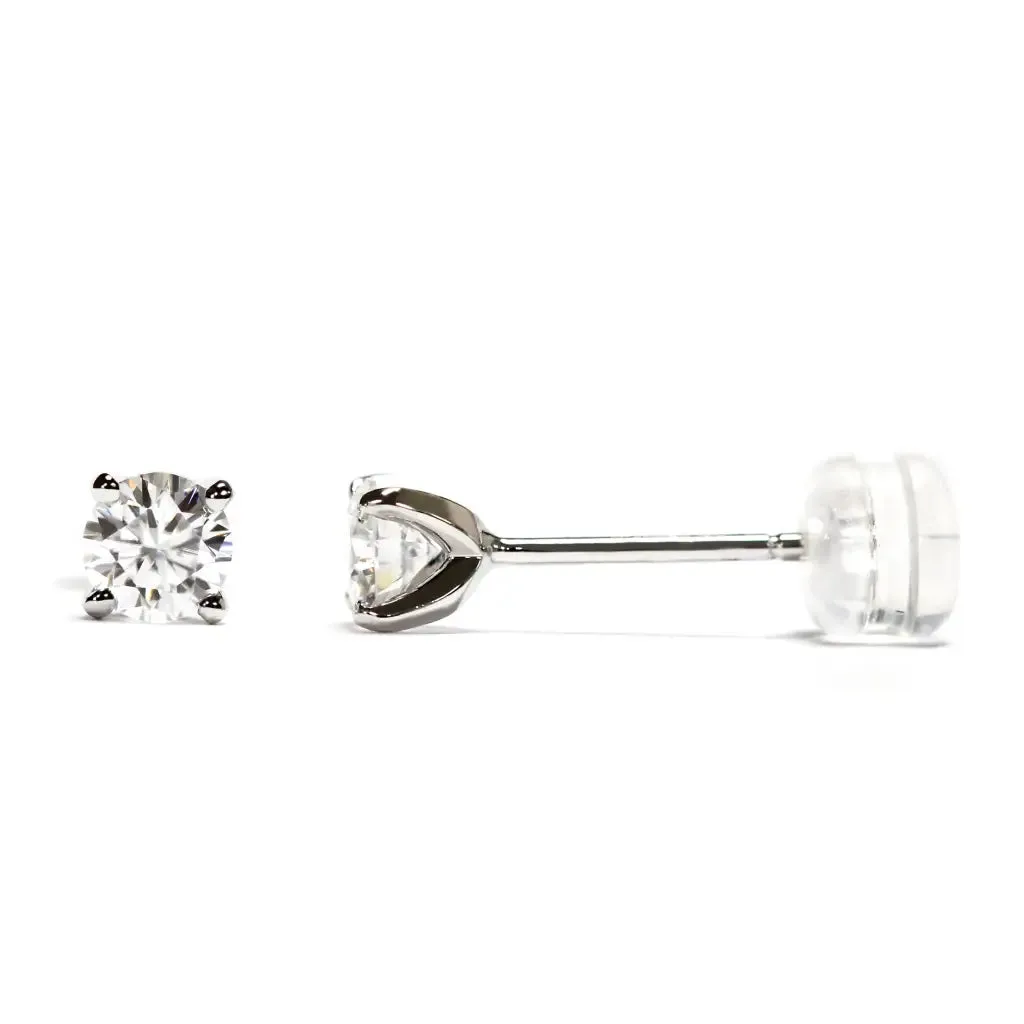 Ready Made | 0.3 Carat Round Moissanite Earrings in 18K White Gold with Soft Silicone Gold Insert Backings