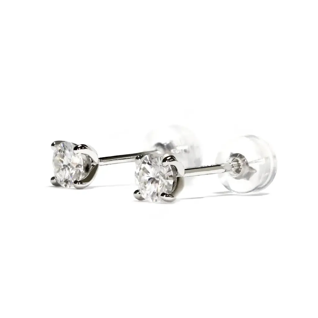 Ready Made | 0.3 Carat Round Moissanite Earrings in 18K White Gold with Soft Silicone Gold Insert Backings