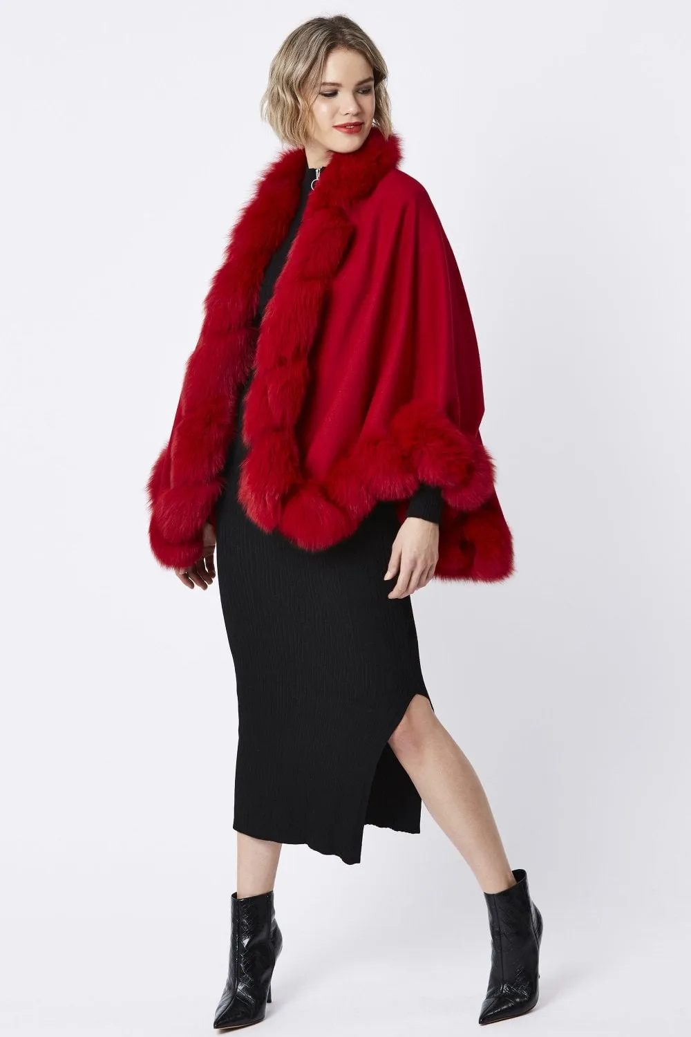 Red Evelyn Cashmere Cape with Fox Fur Trim