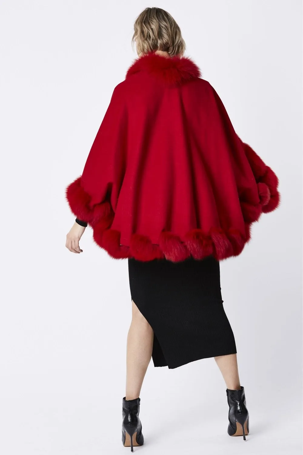 Red Evelyn Cashmere Cape with Fox Fur Trim