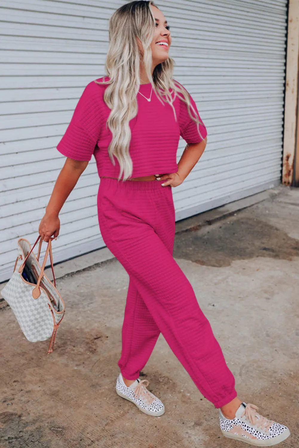 Rose Red Lattice Textured Cropped Tee and Jogger Pants Set