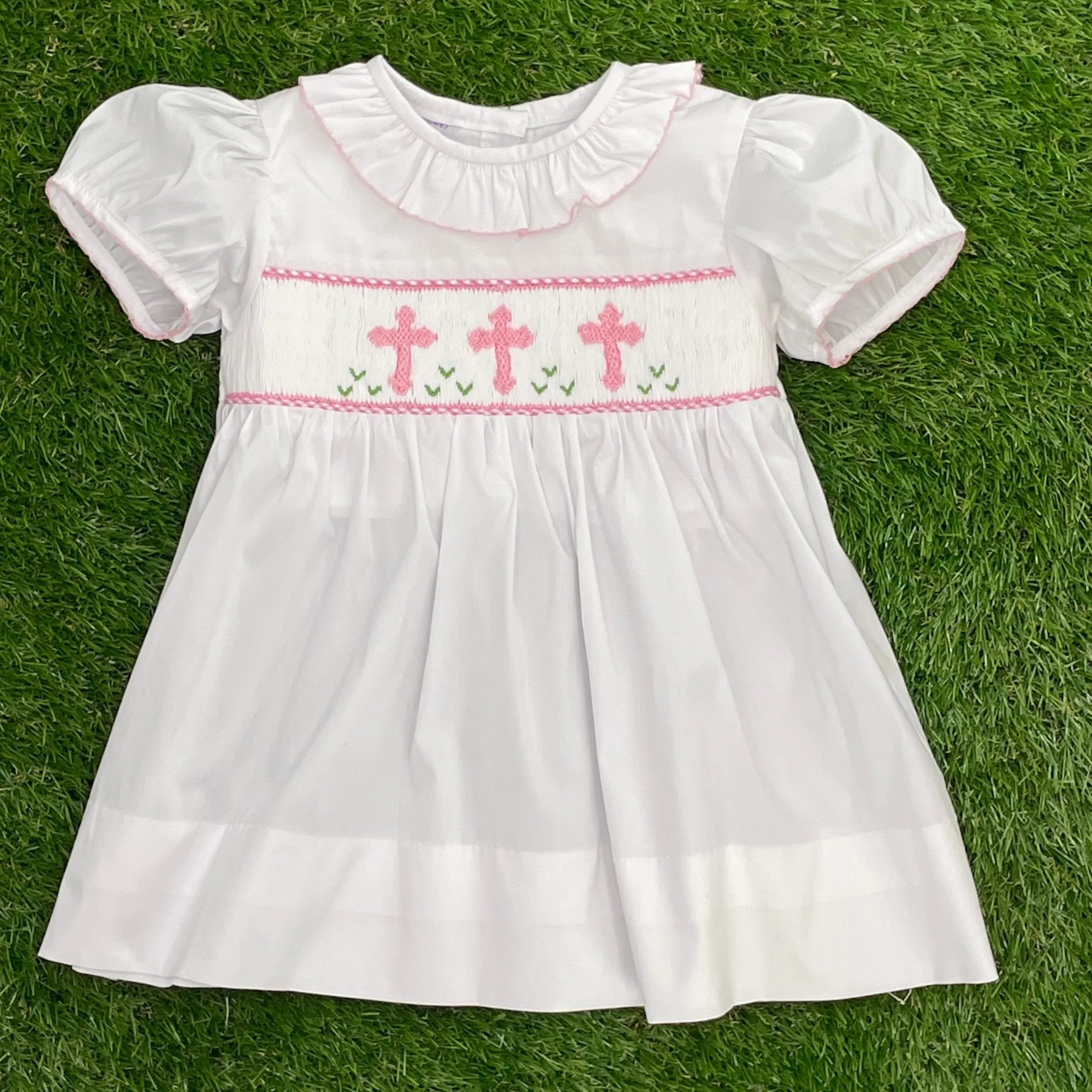 Smocked Cross ruffle Dress - white with pink crosses