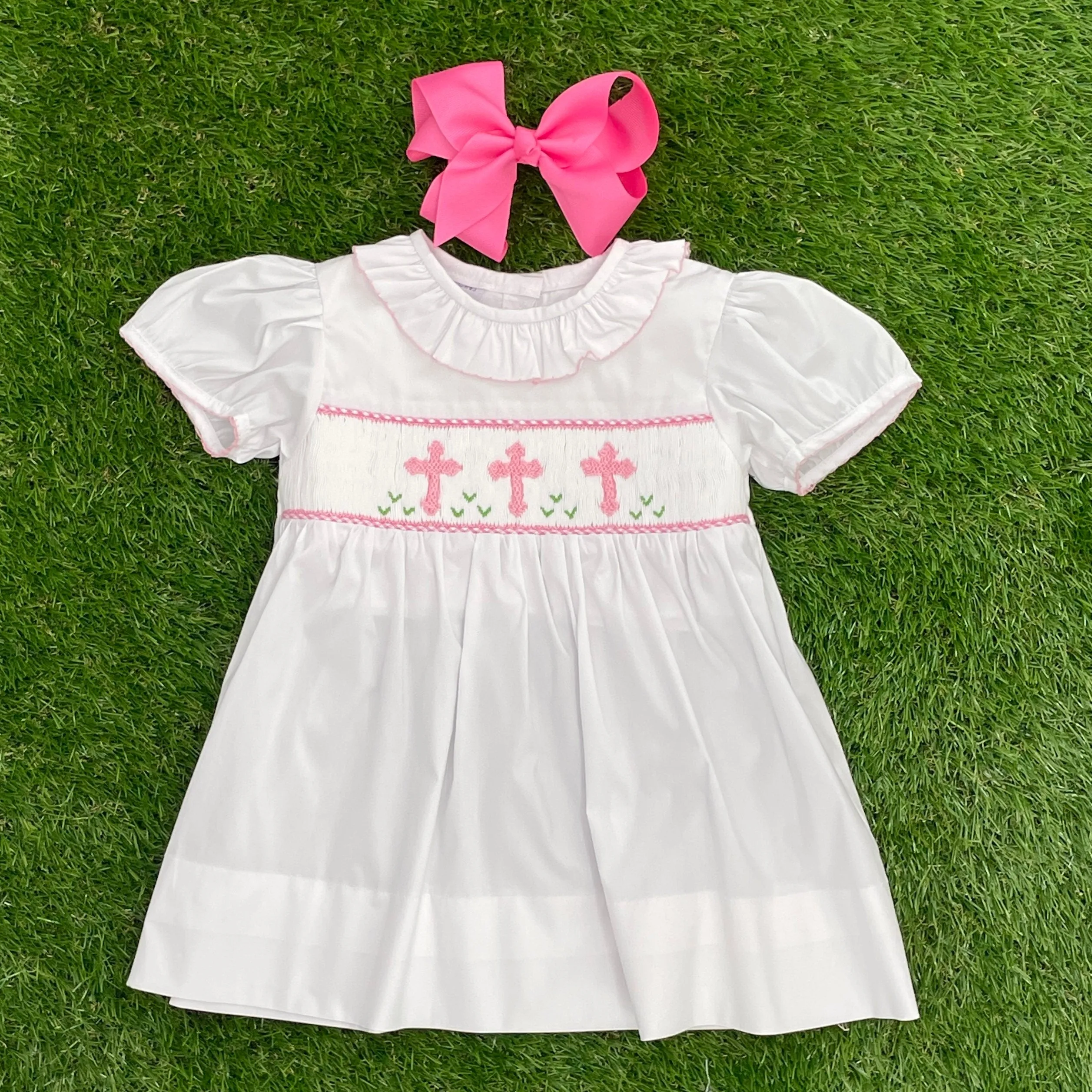 Smocked Cross ruffle Dress - white with pink crosses