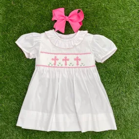 Smocked Cross ruffle Dress - white with pink crosses