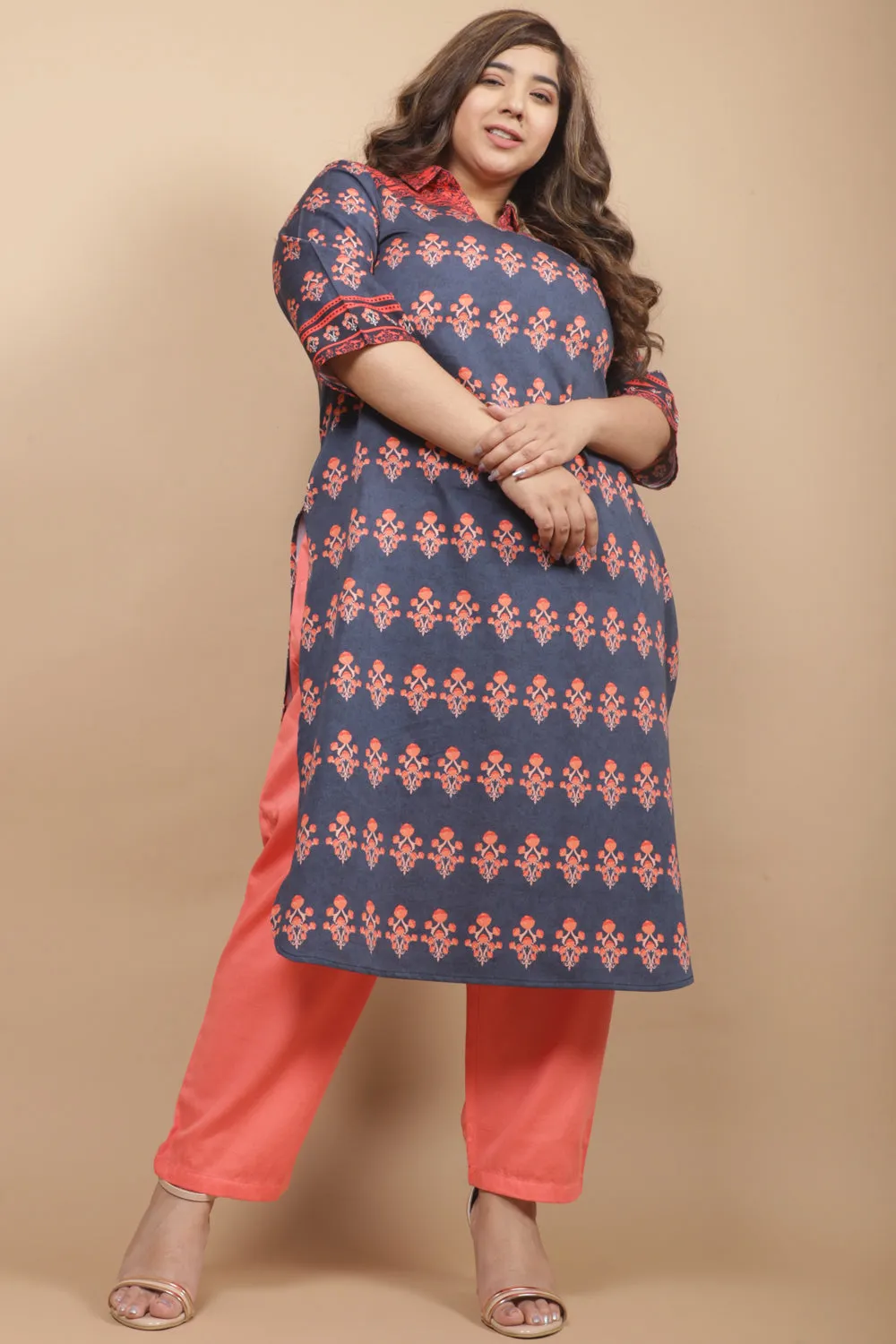 Teal & Red Printed Kurti